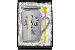 ALBISS Fathers Day Gift for Dad from Daughter Wife Son Kids - World's Best Dad - Daddy Mug, Funny Papa Birthday Gifts Presents for Dad, 14Oz Grey Coffee Mug with Gold Print, Lid, Spoon, Card, Nice Gift Boxed