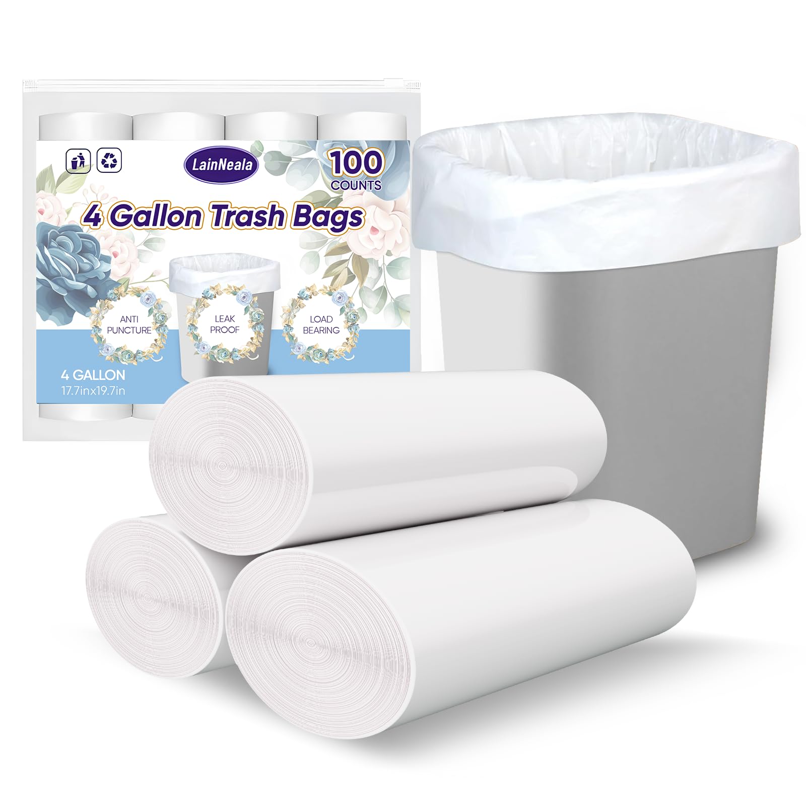 Photo 1 of LainNeala Small Trash Bags 4 Gallon, 100 Count Small Garbage Bag Bathroom White Mini Trash Bag Trash Can Liners Unscented Small Garbage Bags for Bathroom Can