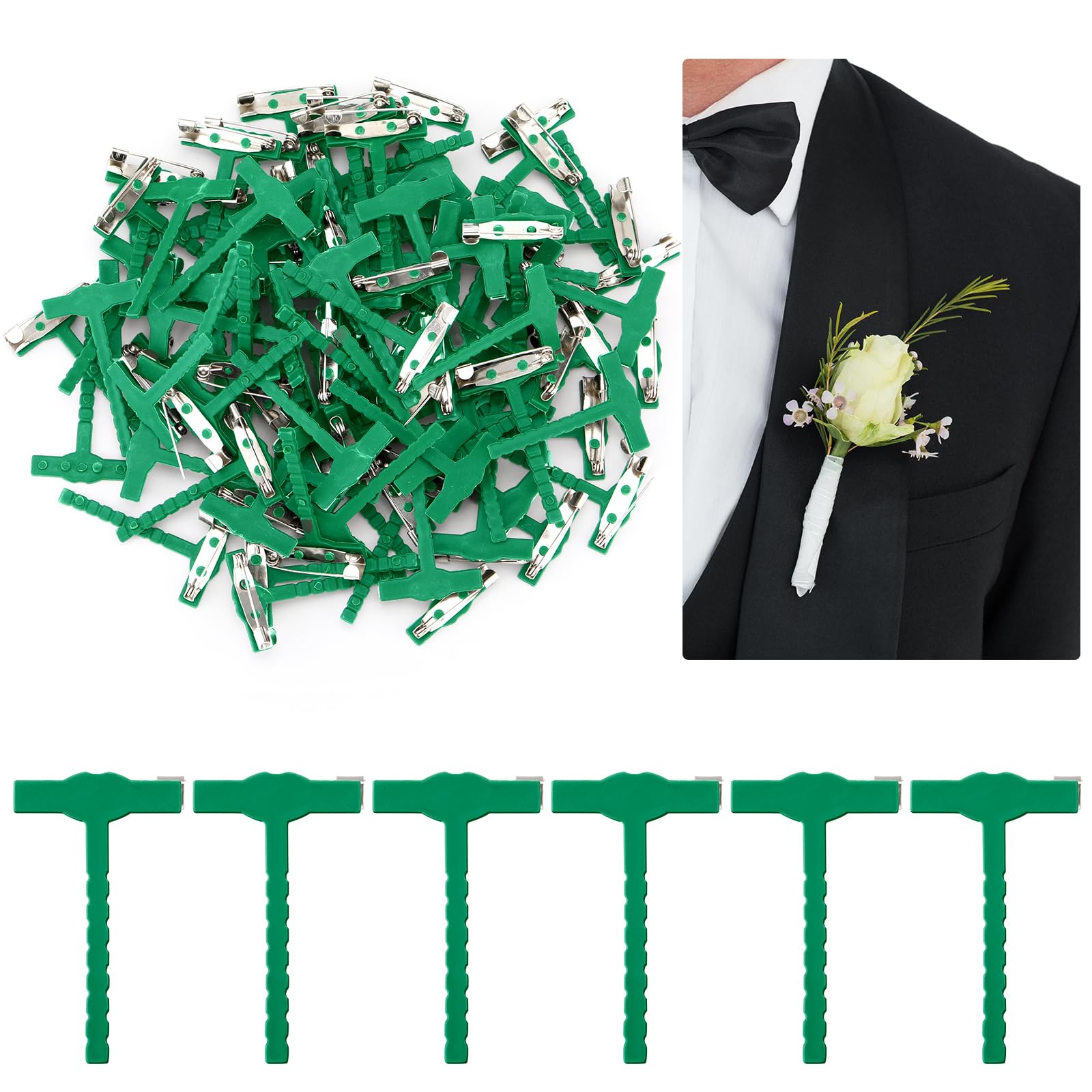 Photo 1 of Leinuosen 100 Pcs Boutonniere Safety Pins, T-Shaped Plastic Corsage Pins Brooch Safety Clips for Men Bride Groom Boutonniere Supplies for Wedding Festivals Birthday, Green(T-Shaped)