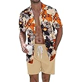UOUA Men's Beach 2 Piece Outfits Hawaiian Flower Button Down Shirts and Shorts Sets