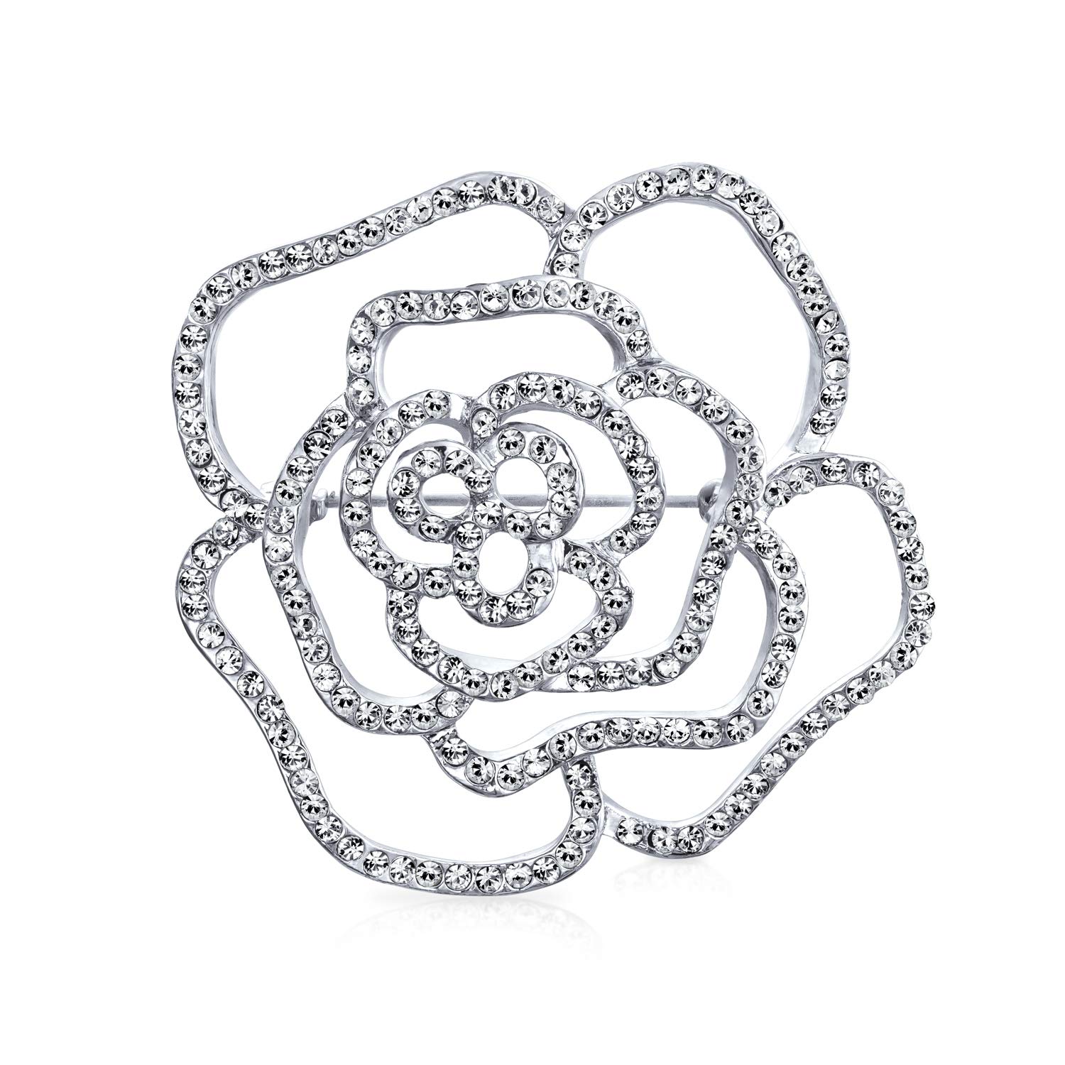 Large Fashion Statement Sparkling Party Rose Flower Shape Open Pave Crystal Wedding Brooch Scarf Pin For Women Silver Tone Rhodium Plated Brass