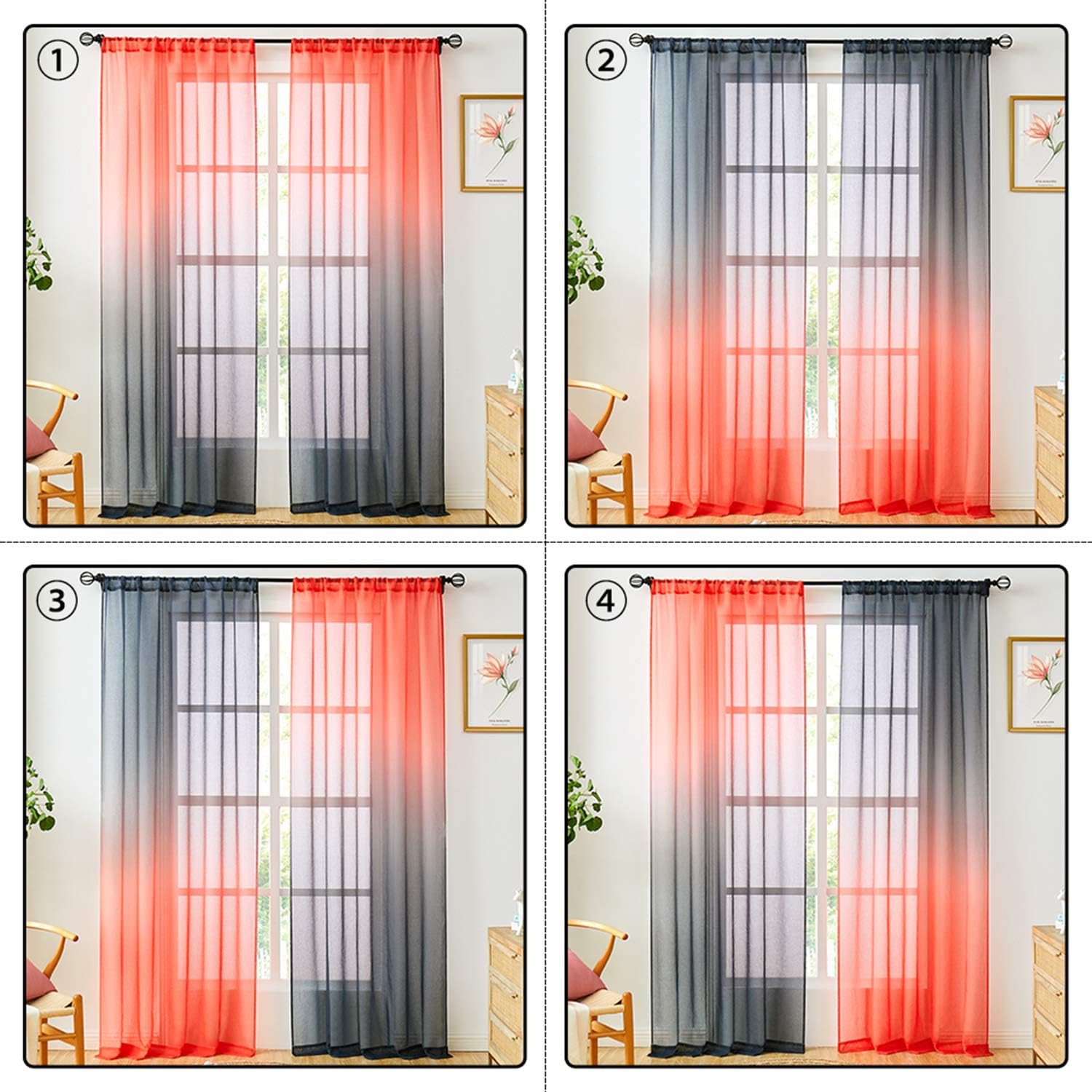 Faux Linen Ombre Sheer Curtains Coral and Black 2 Tone Reversible Rod Pocket for Bedroom Living Room, Privacy and Light Filtering Semi Sheer Gradient Window Curtain Pair, Set of 2 Panels: Kitchen & Dining