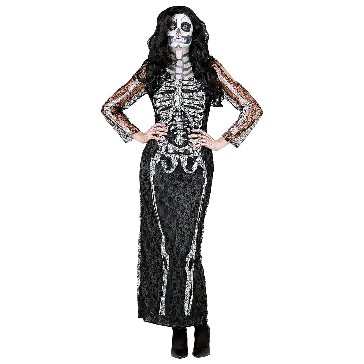 Widmann 10680 Skeleton Costume Lace Dress Theme Party Halloween, Multicoloured, XS