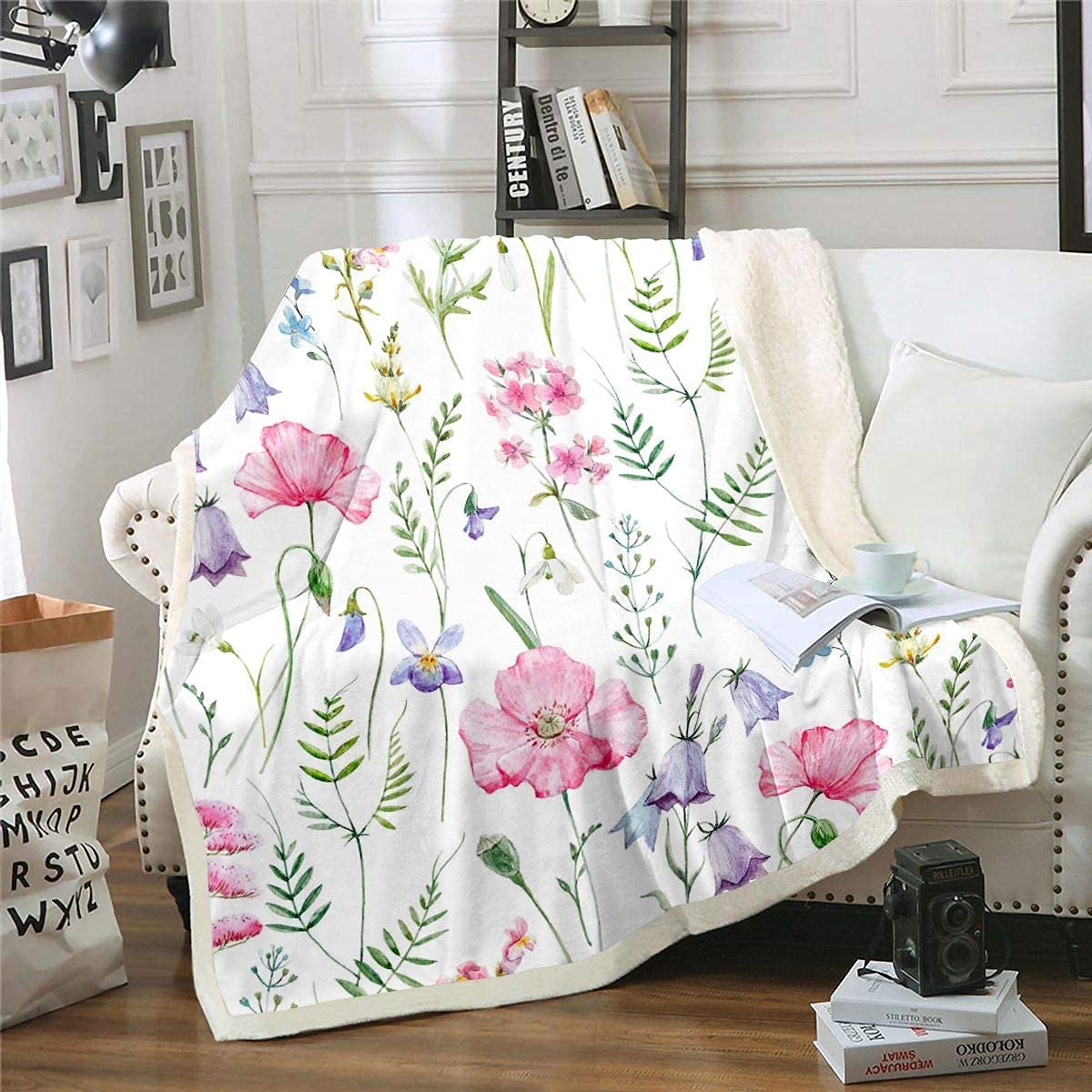 Loussiesd Pink Poppy Sherpa Fleece Throw Blanket - Floral Printed Plush Ultra Soft Colorful Wild Flowers Fuzzy Single 50"x60"