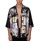 VOGMATE Men's Kimono Robe Silky Lightweight Jackets Japanese Cardigan Bathrobe Top Open Front Seven Sleeve Yukata