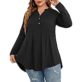 PLOKNRD Women's Plus Size Tops Long Sleeve Henley V Neck Button Up Flowy T Shirts Tunic Loose Blouses