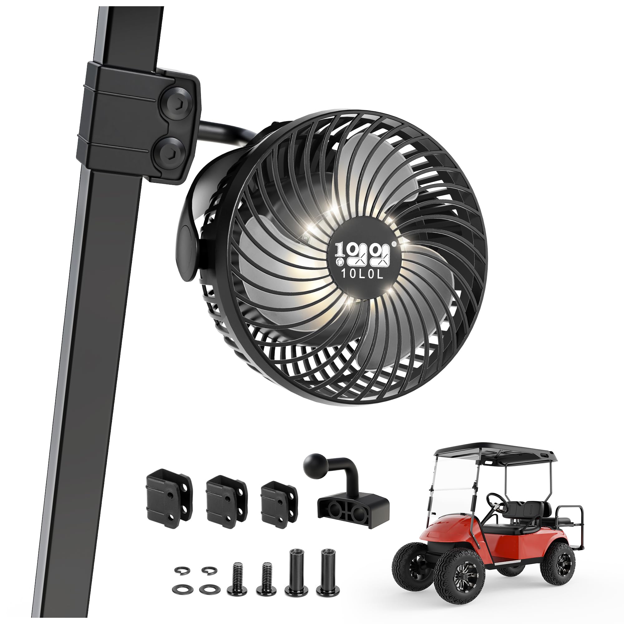 Photo 1 of 10L0L Golf Cart Fan for All Golf Carts with 56Hrs Runtime - 8000mAh Battery, 3-Speed Cooling, Built-in LED Light, Power Bank Function - Stable ABS Design