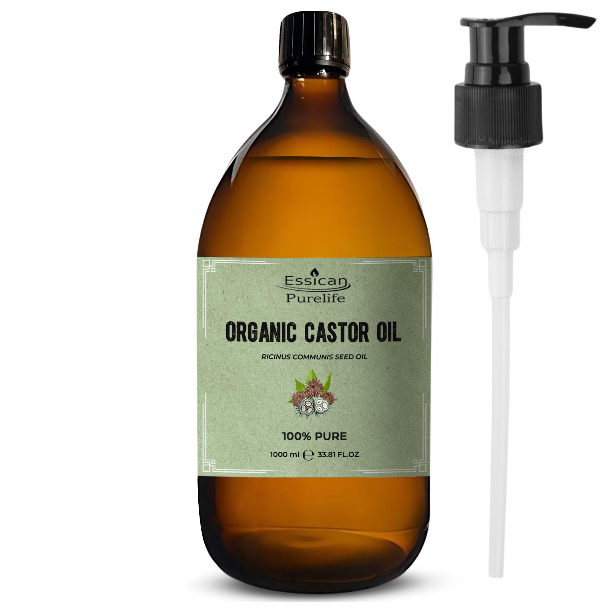 Essican Purelife Castor Oil Organic Hexane Free Glass Bottle with Pump 1000ml (Pack of 1) - Pure Organic Castor Oil Cold Pressed Natural for Healthy Skin Face Body Eyelashes Brow Hair Growth Vitamin E