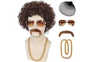 JoneTing 5Pcs Mens Brown Curly Wig Afro Wig Mens 70 Wig【+Wig Cap +Glasses +Mustache +Necklace】 Disco Wig for 1970s Mens Disco Wig Curly Wig for Men Brown Synthetic Wig for Halloween Party