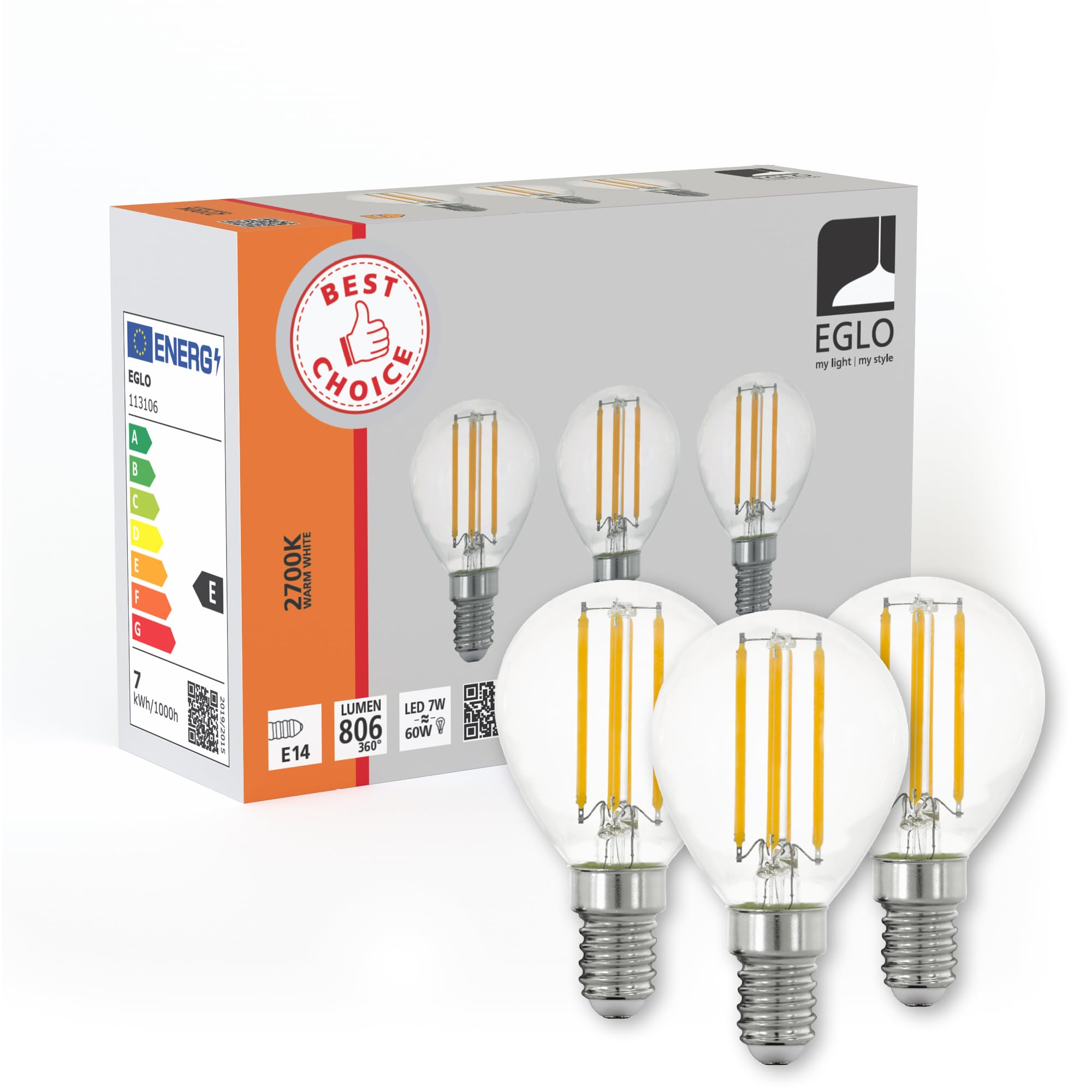 Eglo Set of 3 E14 LED Light Bulbs, Drop-Shape Screw Bulb, Edison lamp for Retro Lighting, 7 watt Each, Warm White, 2700K, Transparent, P45, Ø 1.77" — image 1
