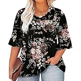 Micoson Womens Plus Size Tops 3/4 Ruffle Sleeve Shirt Casual V Neck Pleated T Shirt Loose Fit Tunic Blouse(1X-5X)