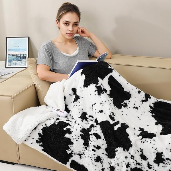 TIMICALDA COW PRINT ELECTRIC BLANKET – SOFT KNITTED SHERPA HEATED THROW WITH 4 HEAT LEVELS 4 HOURS AUTO-OFF, ELECTRIC THROW WITH OVERHEATING PROTECTION, WARM GIFTS, 50″X60″