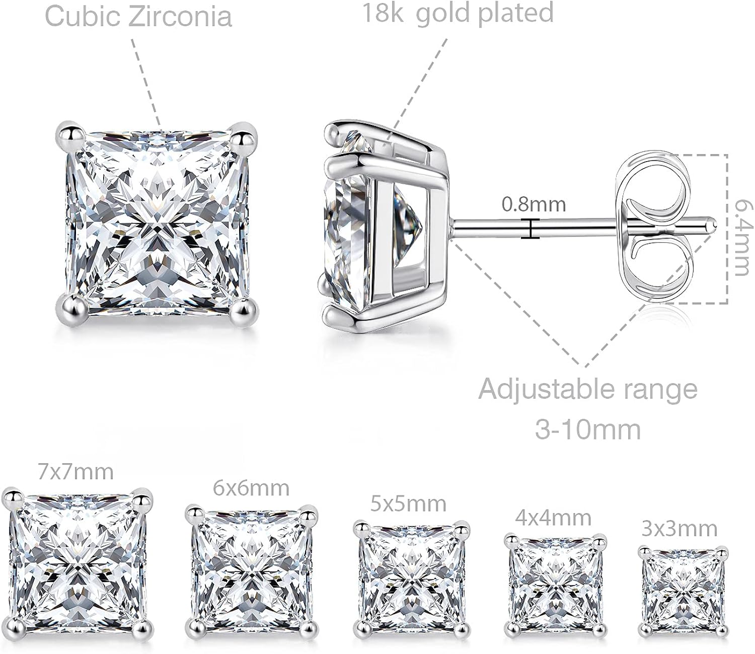 MDFUN 18K White Gold Plated Princess Cut Clear Cubic Zirconia Stud Earring Pack of 5 Pairs: Jewelry