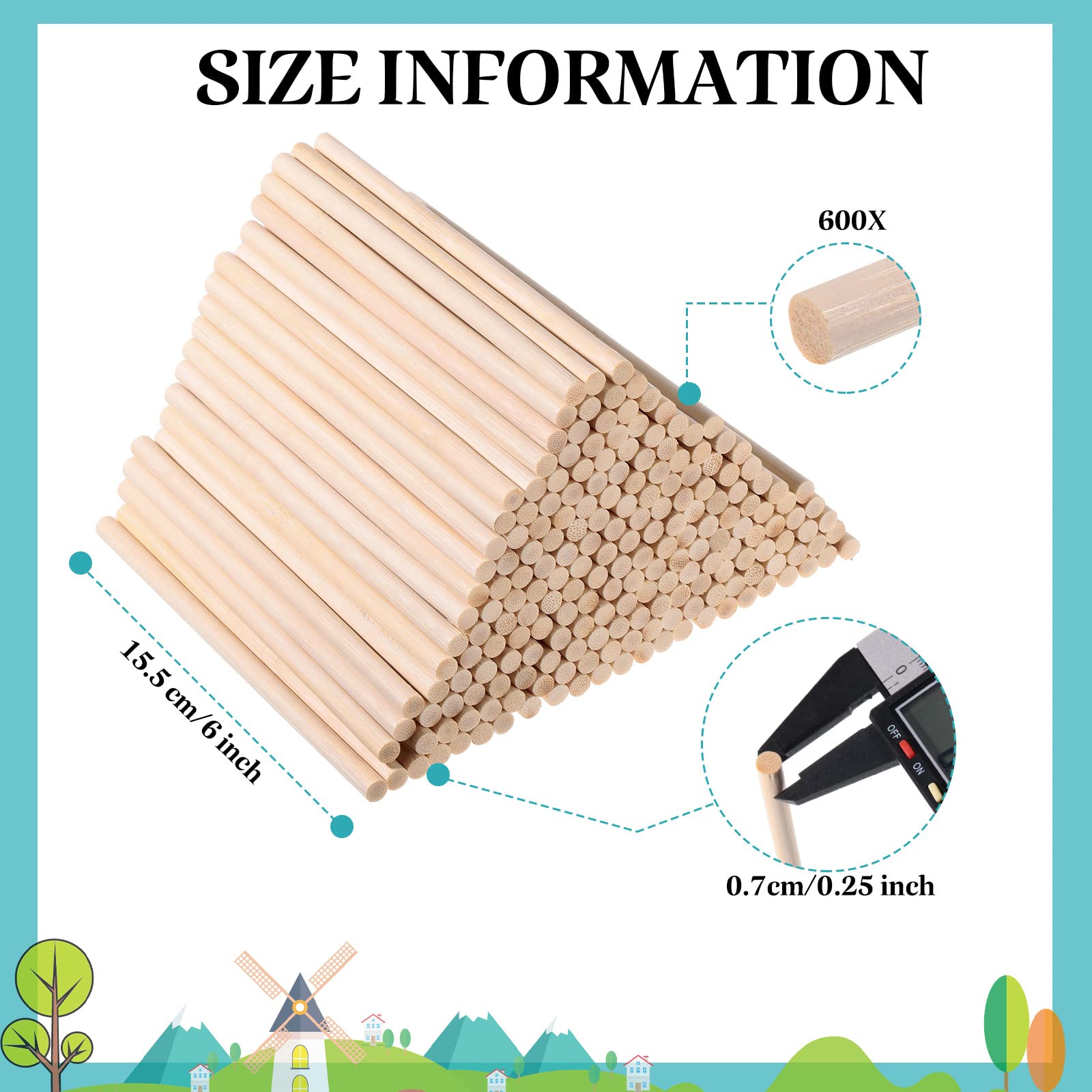 Geelin 600 Pcs Wooden Dowel Rods Bulk 1/4 x 6 Inch Round Wood Sticks for Crafts Wood Dowels DIY Wooden Rod Unfinished Hardwood Sticks Cake Dowels for Tiered Cakes Crafting Art Project Decorations