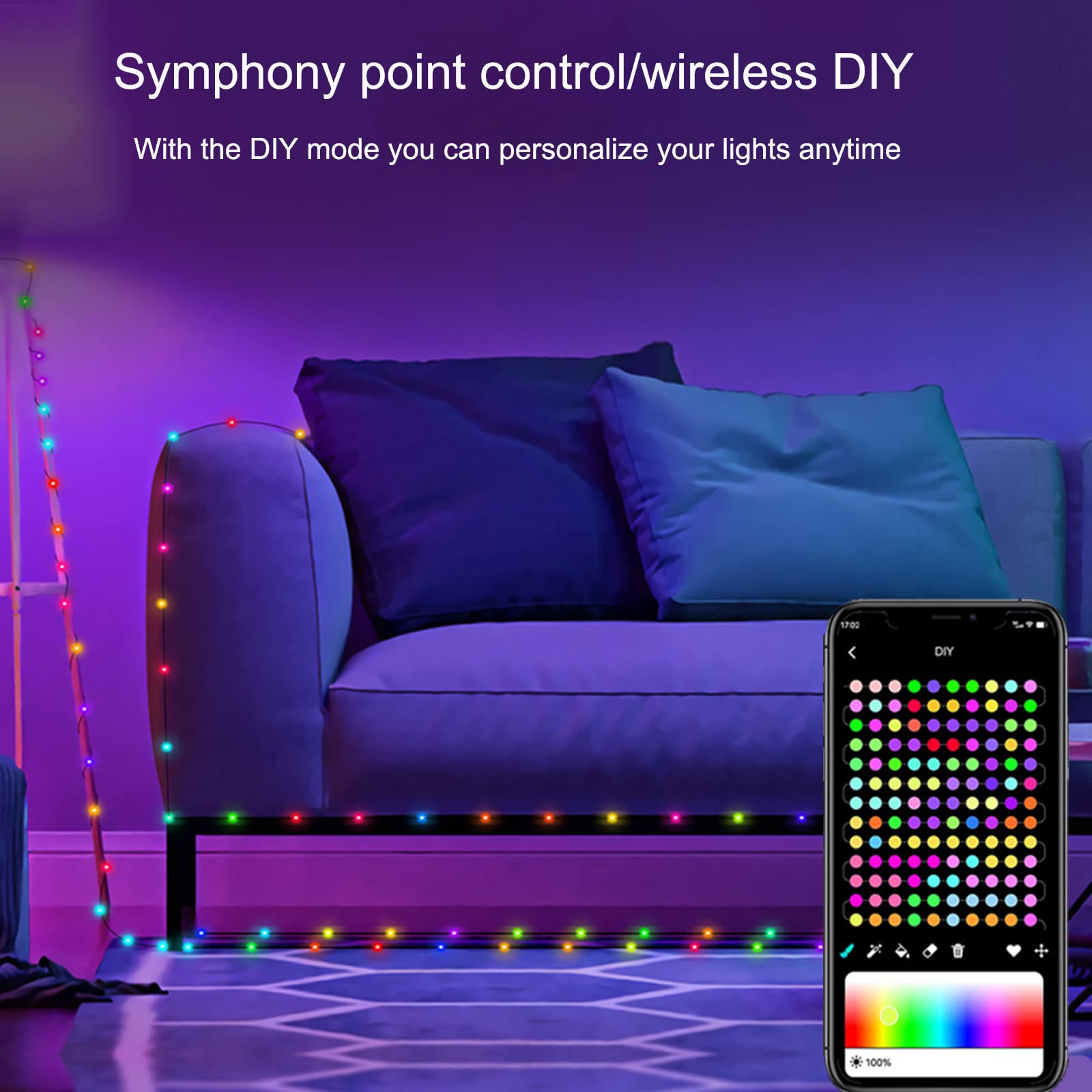 DaKango 66ft 200 LEDs Color Changing String Lights Music Sync Remote Control APP Control USB DIY Smart String Lights for Party, Wedding, Bedroom, Christmas