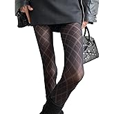 Nanmuir Women's Sheer Tights Diamond Grid Pattern High Waist Control Pantyhose Stretchable Retro See Through Stockings