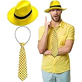 Croloose 2 Pcs Yellow Hat Costume for Men Women Halloween Cosplay Outfit Set Retro Wide Brim Felt Hat with Black Belt Yellow Tie with Black Polka Dots