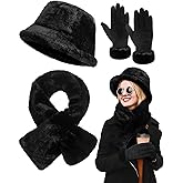 Chuarry 3 Pcs Winter Warm Fleece Hat Scarf and Gloves Set for Women Black Furry Bucket Hat Fur Collar Scarf Touchscreen Gloves Fluffy Warm Winter Gift for Women Outdoors