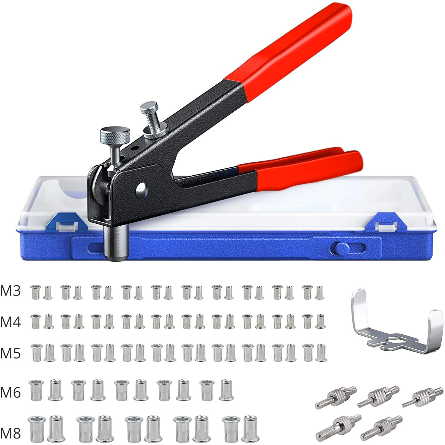 AUTOUTLET 86PCS Threaded Nut Rivet Tool Riveter Rivnut Nutsert Gun Riveting Kit M3/M4/M5/M6/M8 Red with Plastic Case