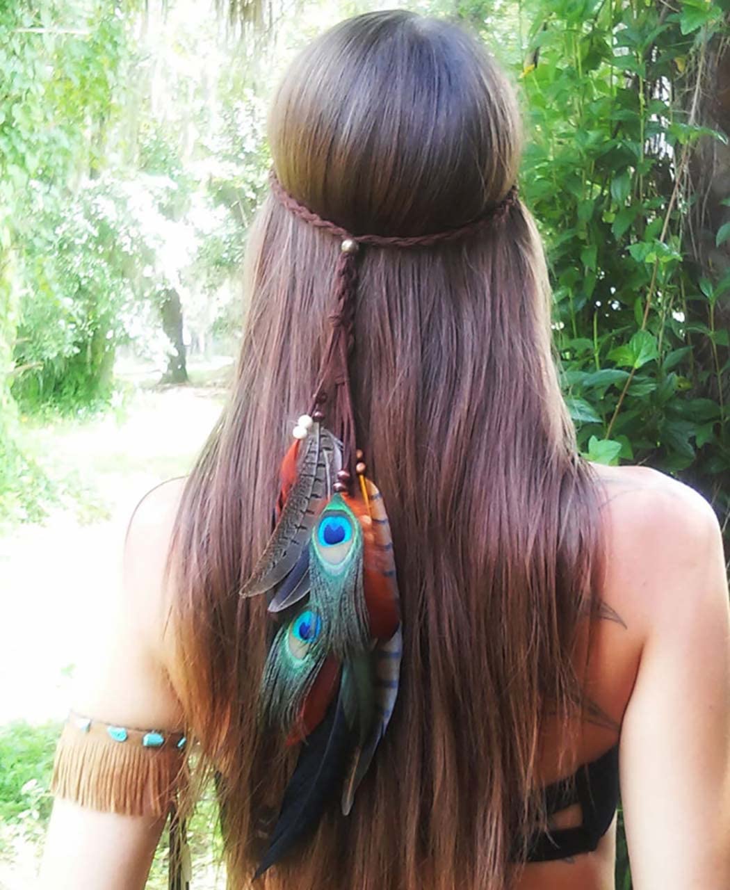 Zoestar Boho Peacock Feather Headband Vintage Indian Headpiece Beaded Hippie Head Chain Bridal Festival Hair Jewelry Tribal Hair Accessories for Women
