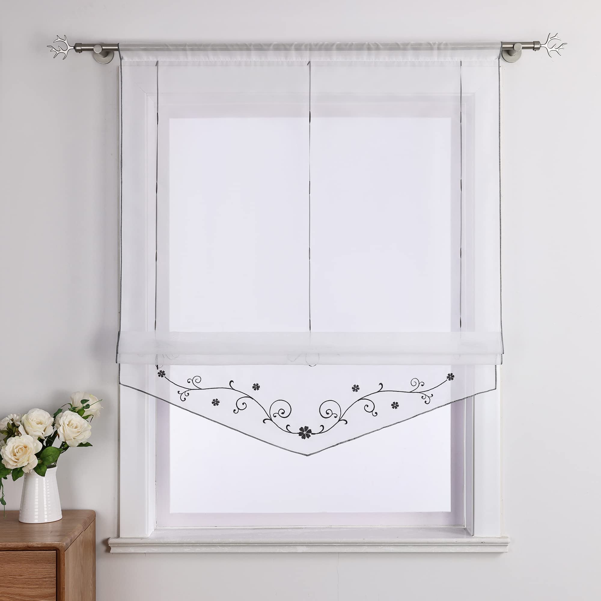 Yujiao Mao Voile Embroidered Roman Blind with Drawstring – Pack of 1 BxH 60*140cm grey