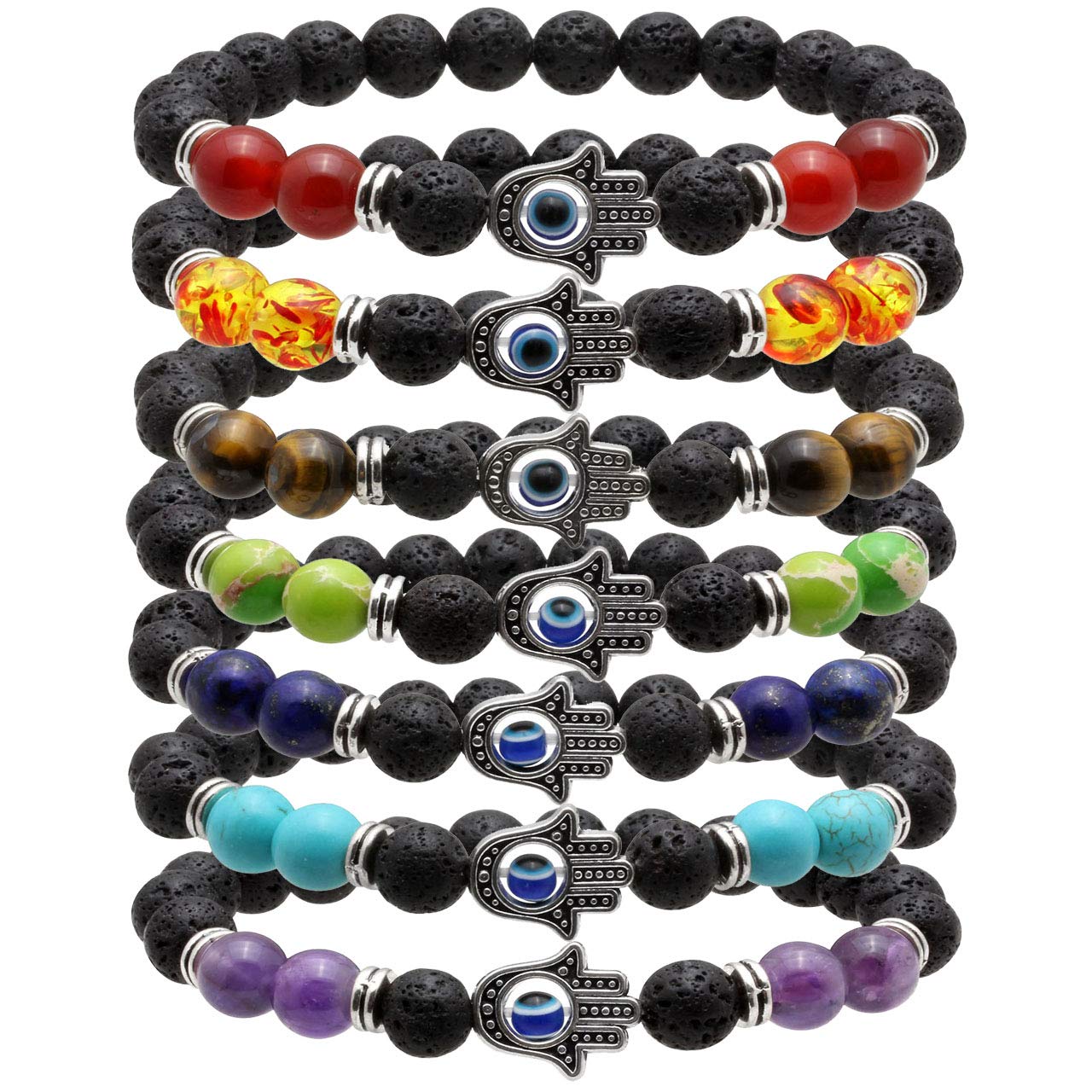 Manfnee 7PCS Evil Eye Bracelet Lava Stone Beaded Essential Oil Diffuser Bracelet for Men Women