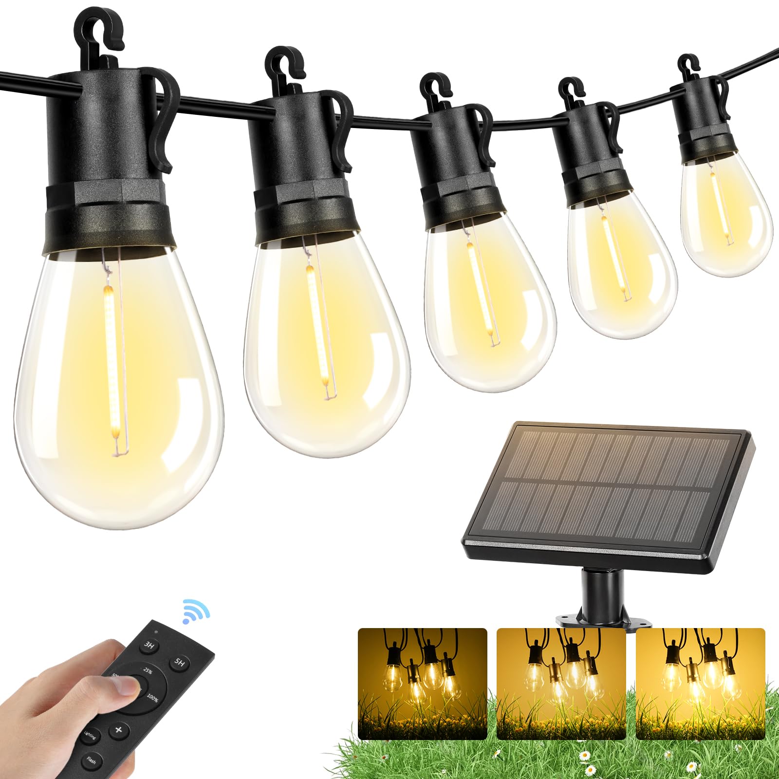 Photo 1 of Brightever Solar Powered Outdoor String Lights with Remote, 27FT Commercial Grade Waterproof Solar Patio Lights, 12+1 Shatterproof LED Bulbs 3 Lighting Modes, Dimmable Solar Lighting for Outside
