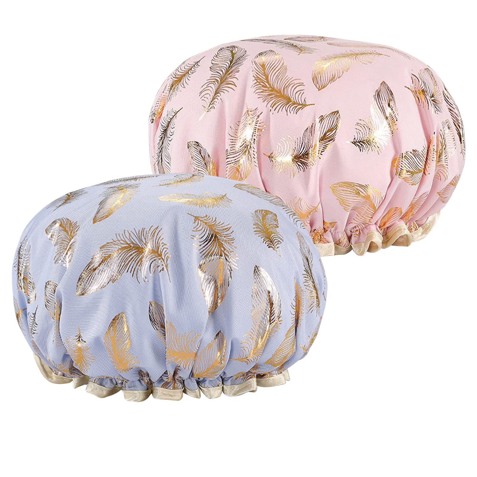 2 PCS Double Layer Shower Caps Reusable Shower Caps for Women UK Fashion Ruffles Lightweight Elastic Plastic Practical and Convenient Unisex