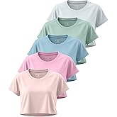 5 Pack Women’s Loose Fit Crop Tops- Dry Fit Athletic Short Sleeve Workout T-Shirts Yoga Running Gym Casual Tees