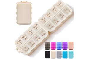 Foldable & Portable Pill Organizer 2 Times A Day with Extra Compartments - Etched Labels - Weekly 7 Day AM PM Medicine Box, Week Daily Travel Pill Case Holder Dispenser for Vitamin, Supplement - Khaki