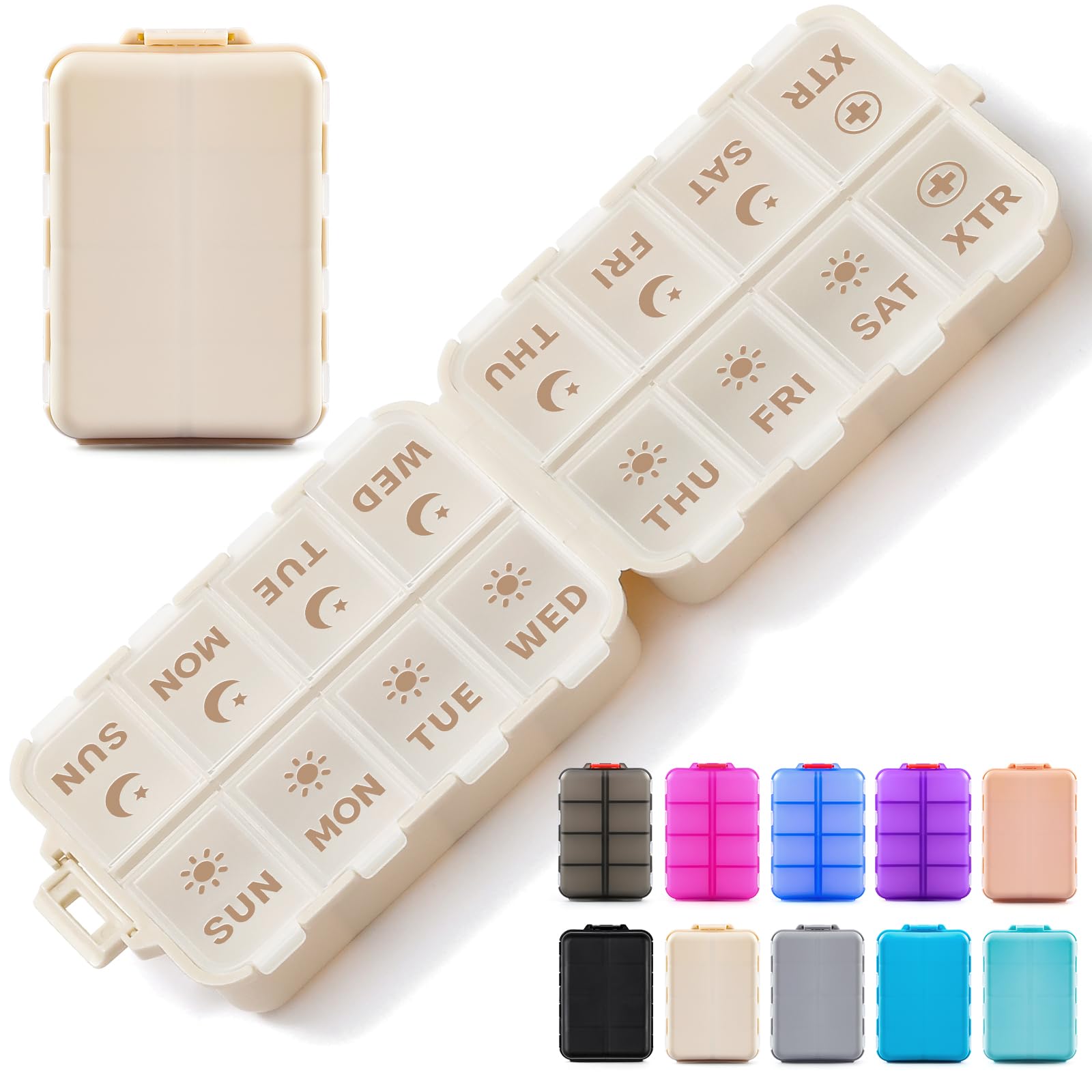 Photo 1 of Foldable & Portable Pill Organizer 2 Times A Day with Extra Compartments - Etched Labels - Weekly 7 Day AM PM Medicine Box, Week Daily Travel Pill Case Holder Dispenser for Vitamin, Supplement - Khaki
