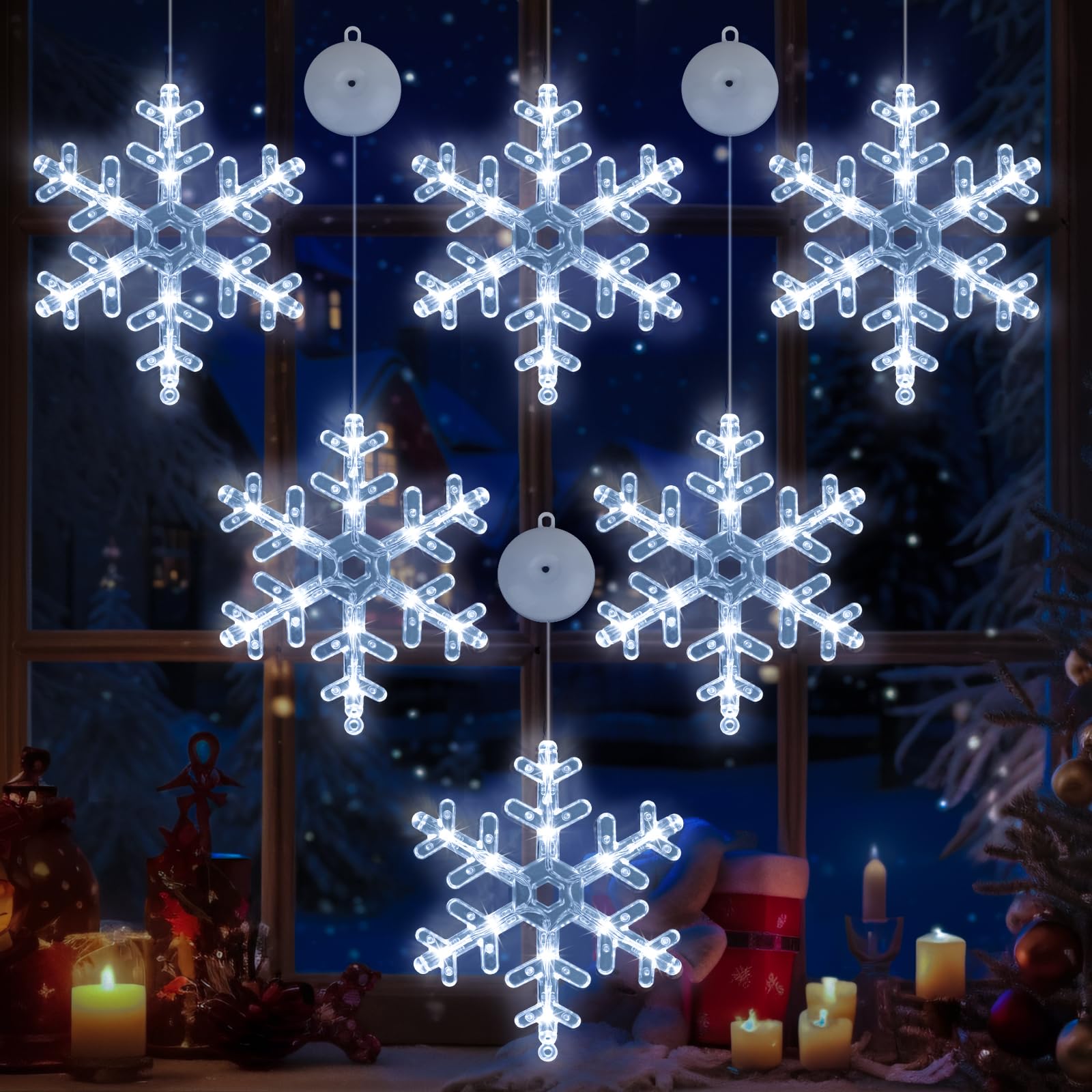 Photo 1 of Cresue Auto Timer - 6 Pcs Christmas Snowflake Window Lights Decorations Battery Operated Snowflake Hanging Lights with Suction Cup & Twinkling Mode for Holiday Indoor Decor