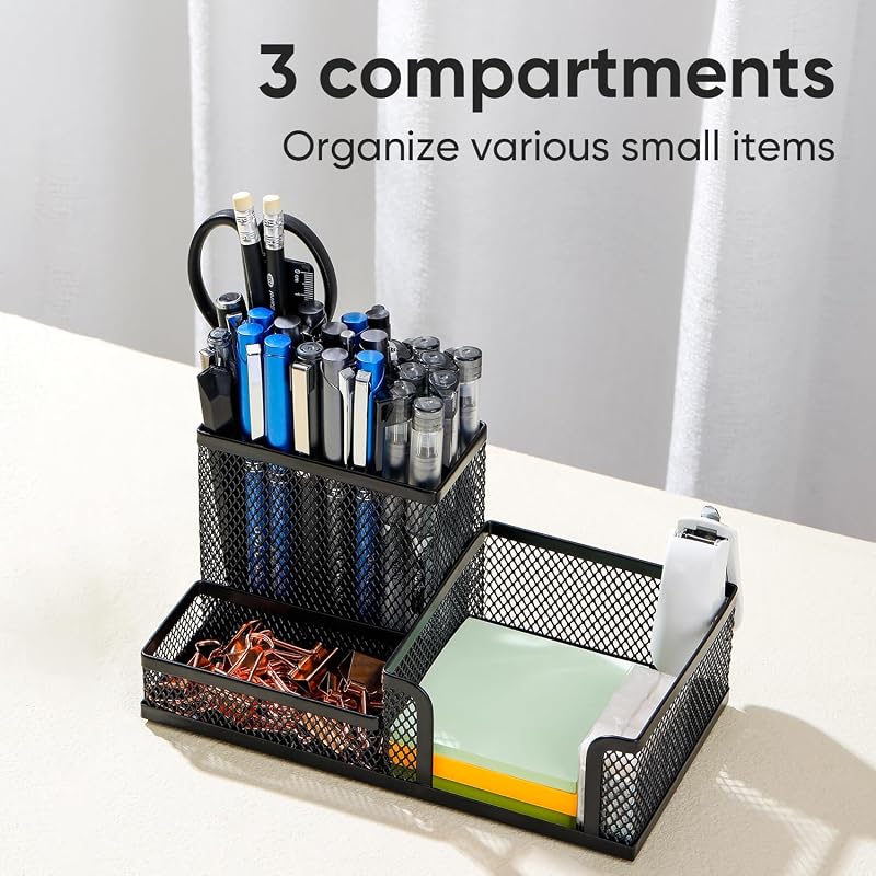 Schreibtisch Organizer aus Drahtmetall, Multifunktionale Organisation mit Stifthalter und Aufbewahrungskörben, für Zuhause und Büro, 3 Fächer, Schwarz
