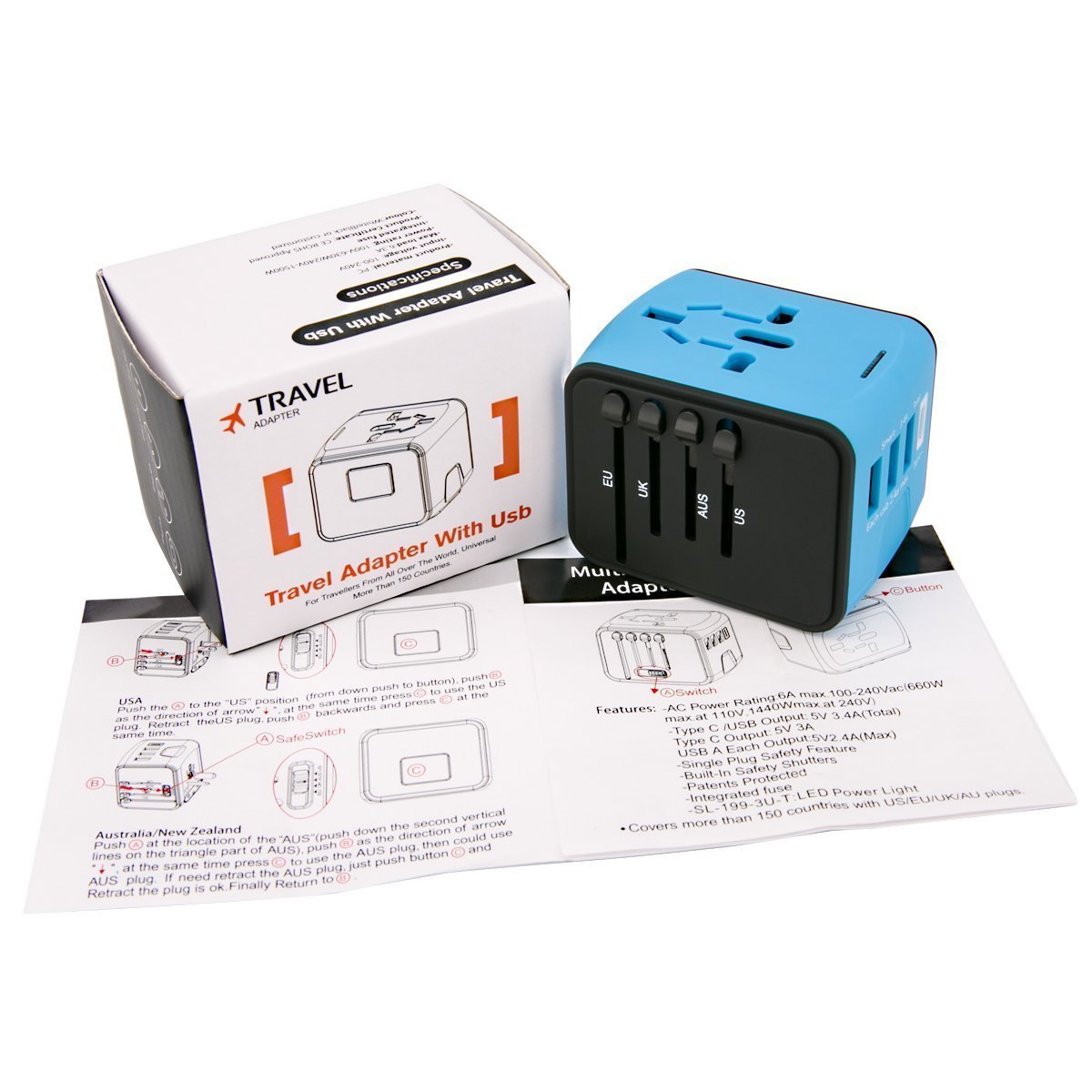 Lightbeam Worldwide Universal Travel Plug Adapter With 3 Usb 1 Type C And 1 Universal Ac Socket International Wall Charger Power Adapter For Europe