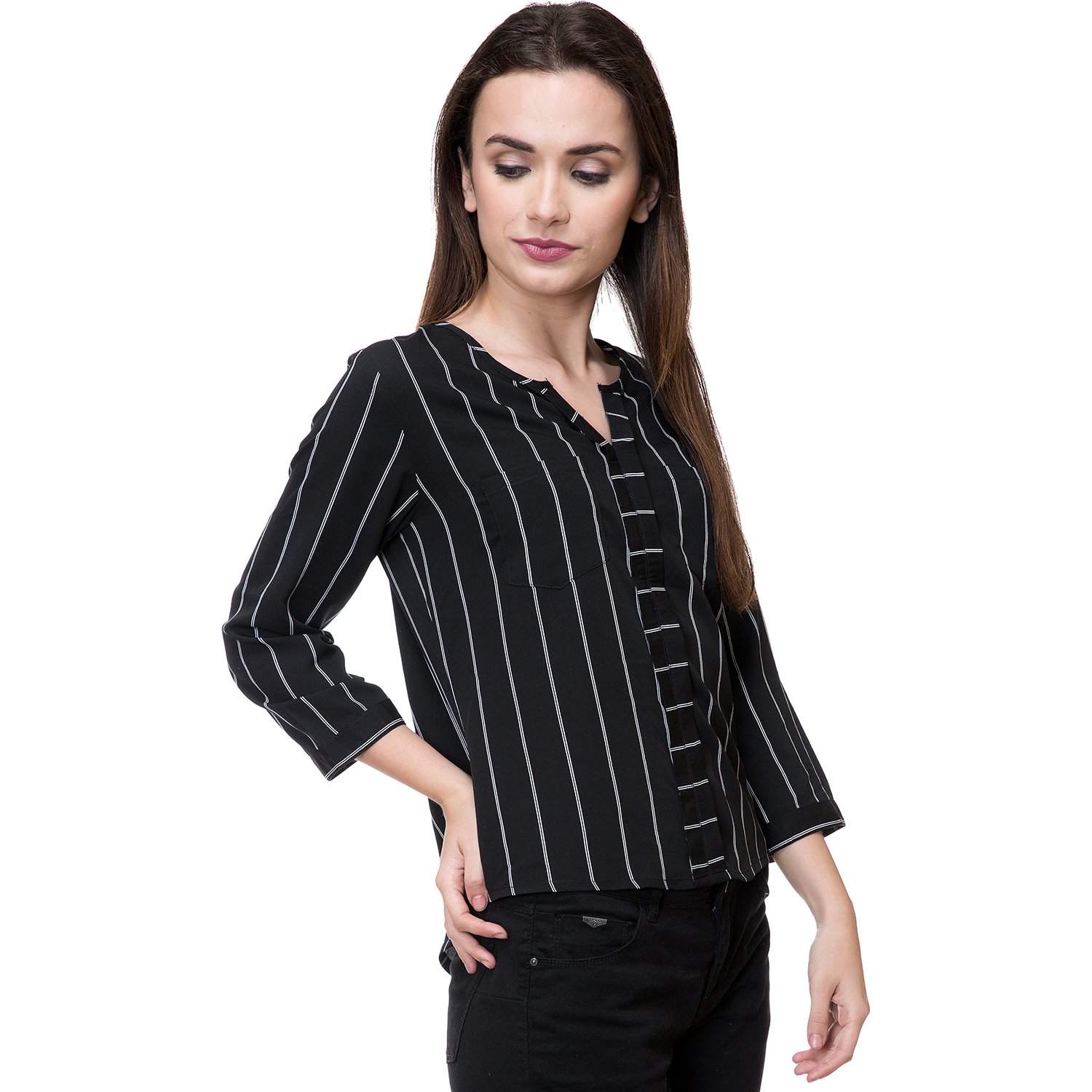 deewa black & white polycrepe round neck casual tops for women