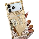 TETAW Cute Compatible with iPhone 17 Pro Max Case with Luxury Bling Glitter Butterfly Foldable Stand Kickstand,Girly Soft PC Mirror Designer Bumper Protective Cover for Women & Girls(Light Gold)
