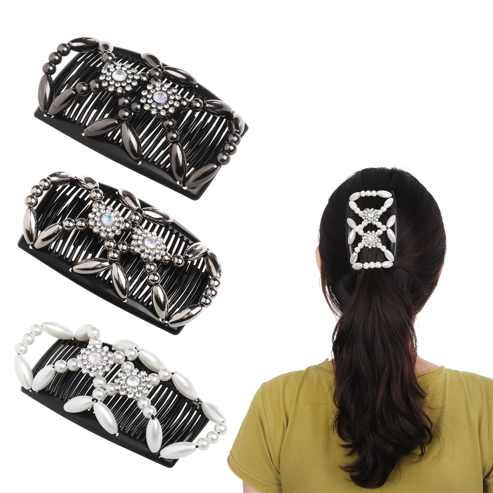 3PCS Hair Slides for Women,Crystal Beads Hair Combs Beaded Slides Double Clip Magic Elastic Double Sided Clips Hair Comb for Hairstyling Hair Accessories(Flowers)