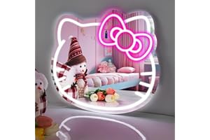 YASIZESOU Hello Kit Vanity Mirror With Neon Light 16 x 14inch Large Size, LED Adjustable Brightness USB Powered, Pink Bow, Girl Room Decor, Wall Mounted, Women Makeup for Bedroom