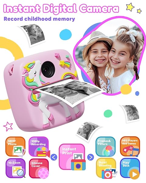 LIZZBEY KIDS CAMERA INSTANT PRINT, CHRISTMAS BIRTHDAY GIFT FOR GIRLS 3-12 YEAR OLD, 1080P KIDS DIGITAL CAMERA TOYS WITH UNICORN COVER, TODDLER CAMERA FOR 4 5 6 7 8 9 10 YEAR OLD GIRLS BOYS