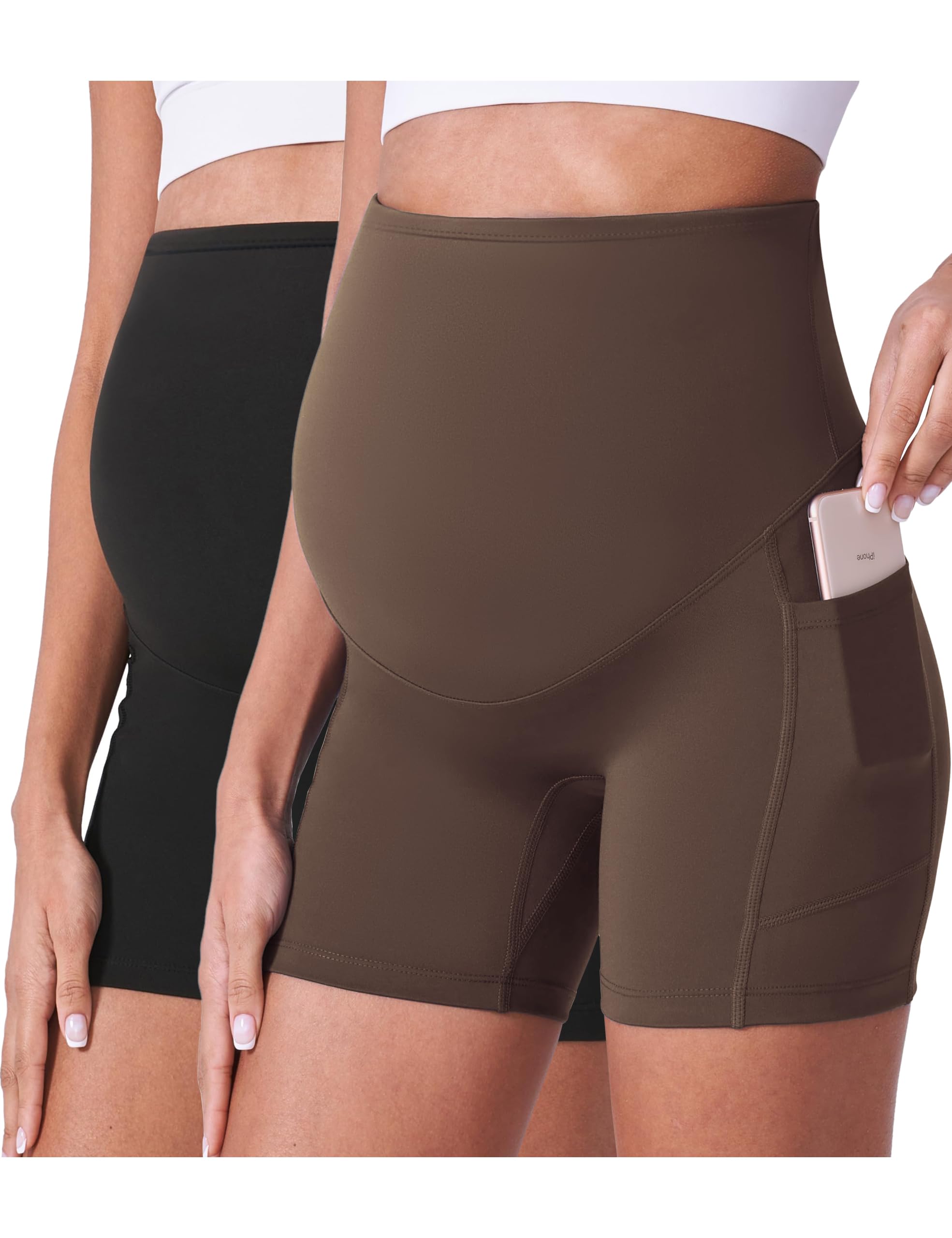 POSHDIVAH Women's Maternity Shorts Over The Belly Biker Yoga Active Pregnancy Workout Short Pants with Pockets 2PCS Black Dark Brown 5" Small Image