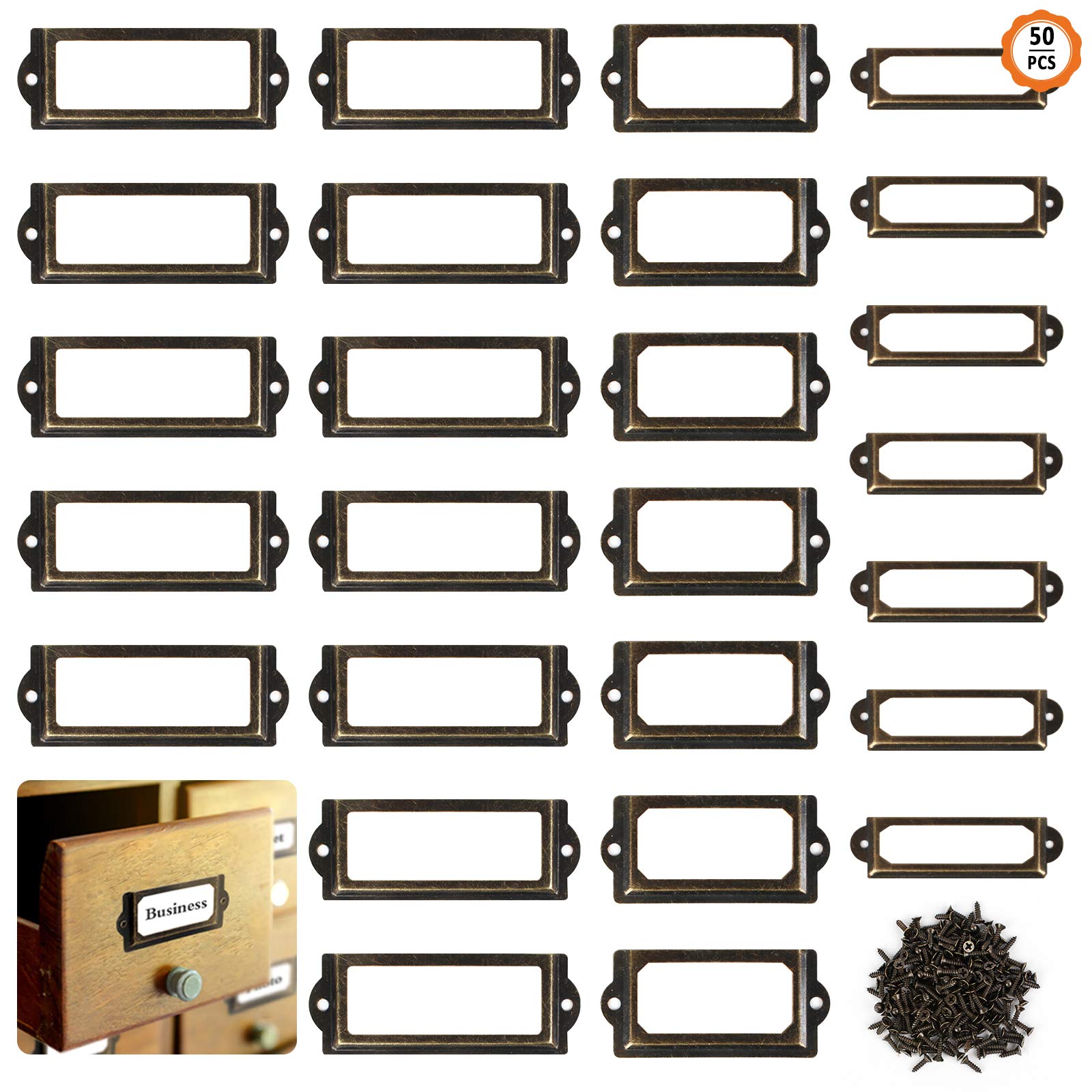 Metal Label Holder, 50pcs Metal Label Holders with Screws Suitable for Drawers, Shelves, Desks, Retro Metal Label Holders for Storing Labels and Frame Label Holders