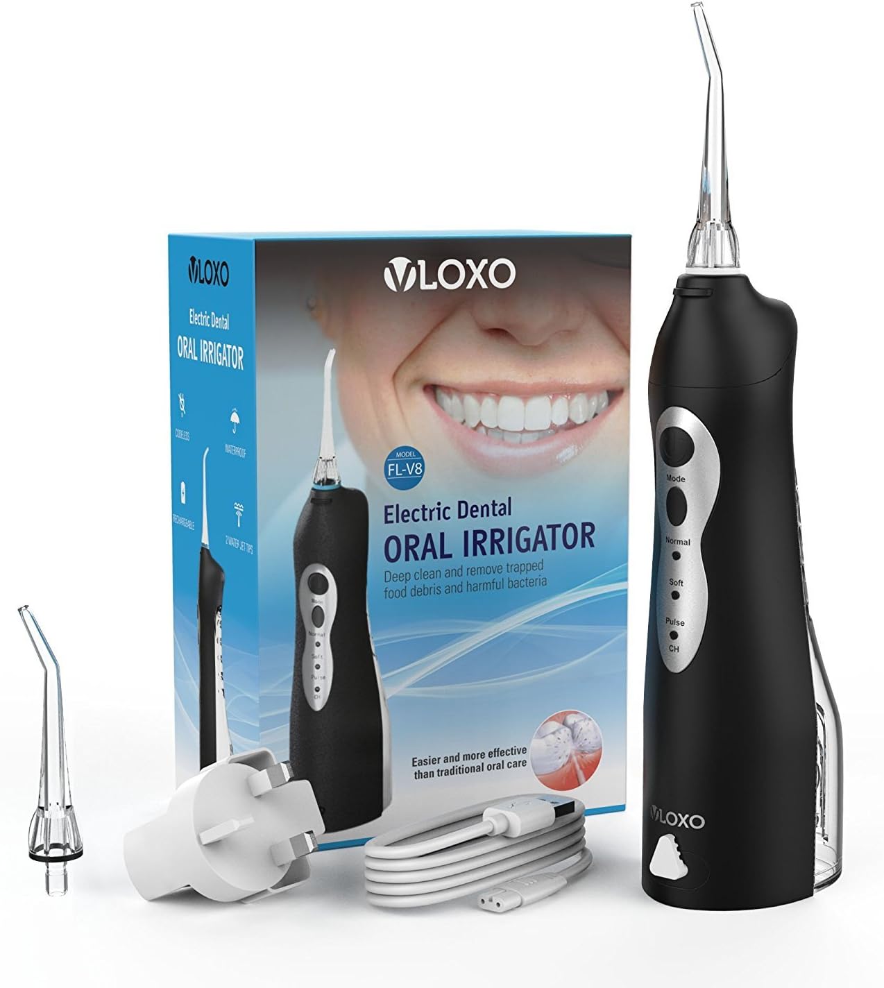 VLOXO Cordless Rechargeable Oral Irrigator Teeth Cleaner 3 Mode 2 Timer Portable IPX7 Waterproof Oral Dental Irrigator for Travel & Home - Off-White