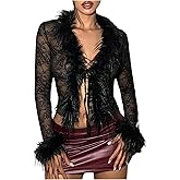 MakeMeChic Women's Faux Fur Fuzzy Long Sleeve Top Mesh Lace Open Front Y2K Tee Shirts