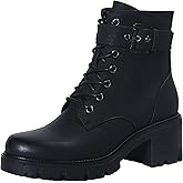 AUPEWEL Women's Combat Boots Classic Lace-Up Ankle Booties with Side Zipper & Buckle, Chunky Mid Heel