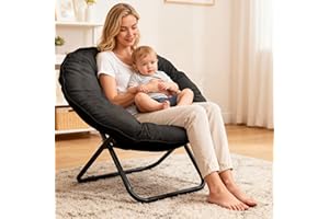 GREZJXC Saucer Chair for Adults,Kids, Round Chair Folding Chiar for Bedroom, Dorm & Gaming, Foldable Comfy Accent Seat for Small Spaces, Thick Padded Black Meatal Frame (Black)