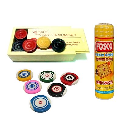 Optimus Premium Carrom Combo G - 250 gm Disco Carrom Powder 1 Set Wooden Carrom-Men Coins & 6 Acrylic Strikers