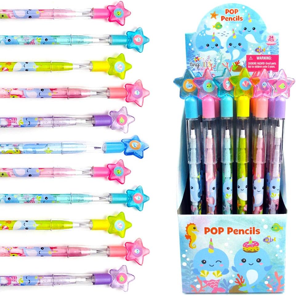 TINYMILLS 24 Pcs Narwhal Multi Point Pencils Stackable Stacking Push Pencils Assortment with Eraser for Girl Birthday Party Favor Goodie Bag Stuffers Carnival Prizes Classroom Rewards: Office Products