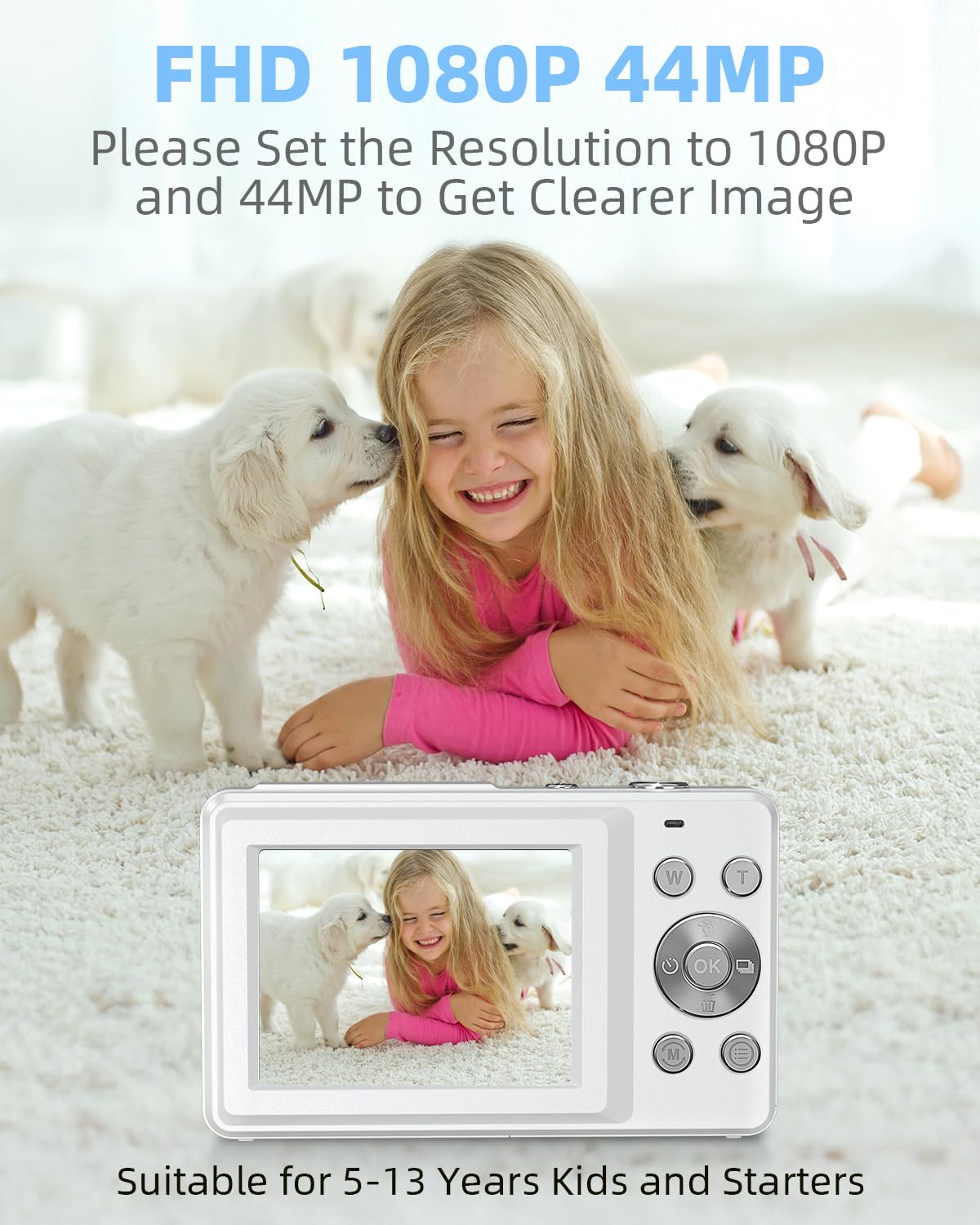 Camkory Digital Camera for Kids and Starters, FHD 1080P Point and Shoot Camera with 32GB Card 16X Zoom Anti Shake, Gift for Boys Girls Kids, White