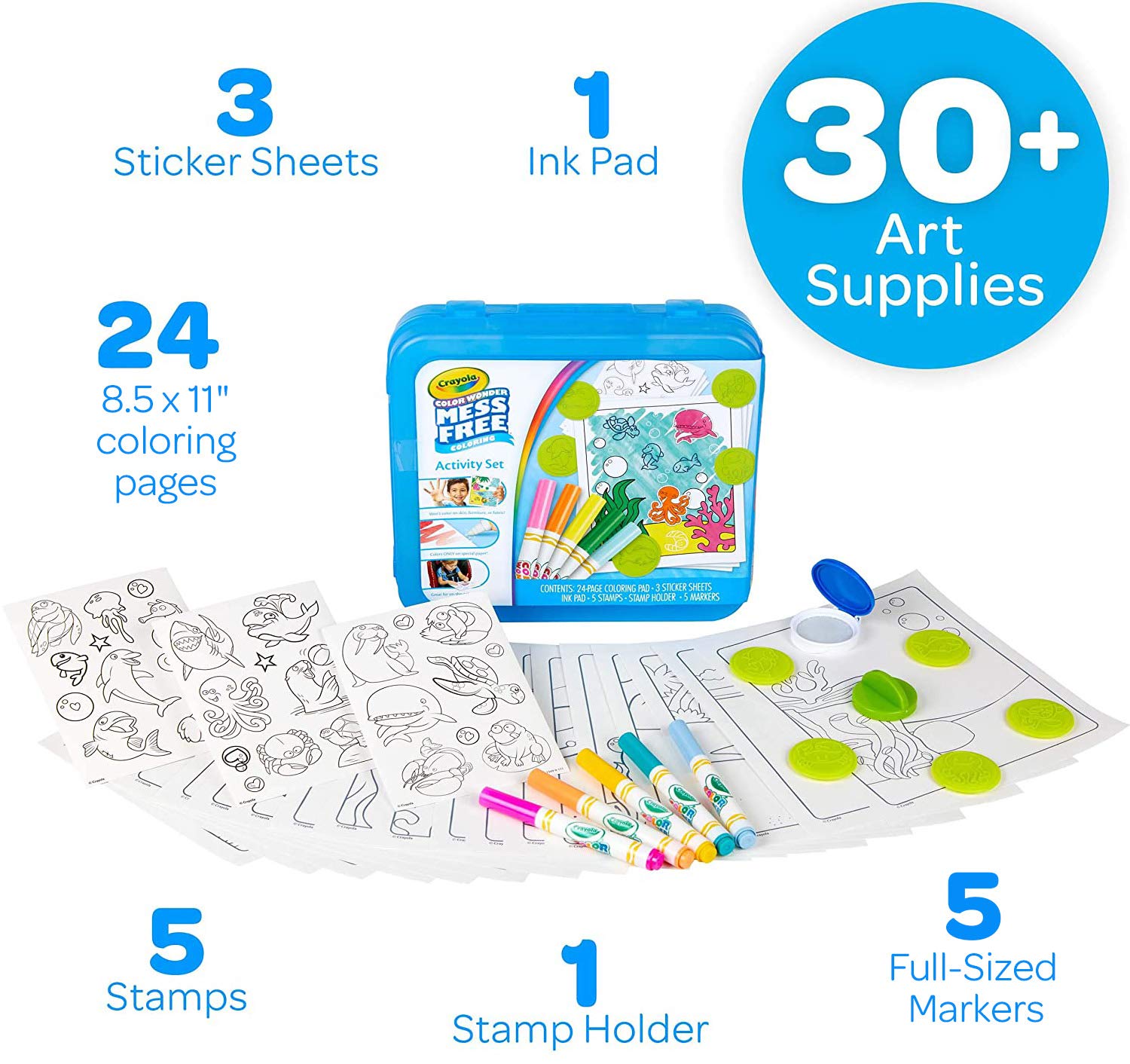 Crayola Color Wonder Mess Free Coloring Activity Set (30+ Pcs), Holiday & Christmas Gift for Toddlers, Travel Art Kit with Markers, Stamps, and Stickers, Ages 3+
