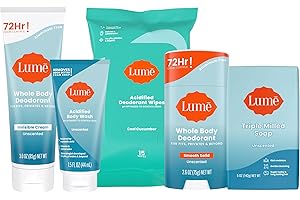 Lume Whole Body Deodorant Starter Pack - Smooth Solid Stick, Invisible Cream Tube, Acidified Body Wash Mini, Soap, Acidified Deodorant Wipes - Aluminum & Baking Soda Free Odor Control (Unscented)